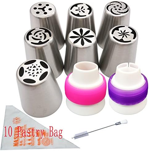 Russian Icing Piping Nozzles Tips 7 Pcs/Set, Aixin Stainless Steel Large Size Russian Piping Tips + 1x Brush + 10x Pastry Disposible Bag + 1x Coupler Syringe Set Nozzle (7 Set-NO.5new)