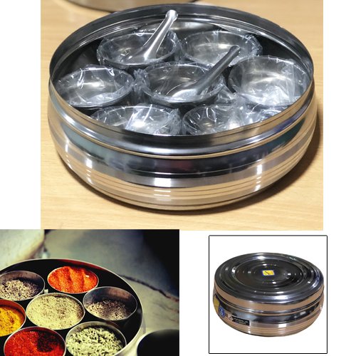 IndiaBigshop Traditional Indian Spice Box - Masala Daba - with 7 Compartment and 3 Spoon for Organising Spices 8"