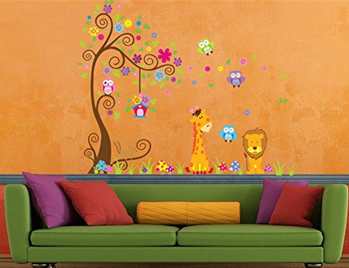 Wallpark groß Bunt Blume Baum mit Niedlich Eulen Giraffe Löwe Abnehmbare Wandsticker Wandtattoo, Kinder Kids Baby Hause Kinderzimmer DIY Dekorativ Kunst Wandaufkleber - 4