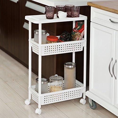 SoBuy® Multi-Purpose Cart with Wheels, 2 baskets and 1 Tray, Trolley, L48 x P22 X H77 cm, White, frg234-k-w, is