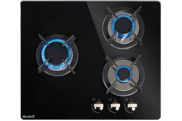 BELDEKO - Plaque de cuisson Gaz verre noir 3 zones - 5250 W - Gaz ville et bouteille - Grilles en fonte