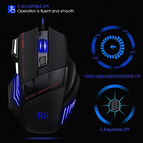 Rat  n Pro Gamer Rii   5500 DPI  7 botones  LED   ptico  con cable para jugadores