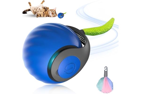 Jouet pour Chat Balle Interactive, 2025 Nouve Jouet Chat Interactif, Joue t pour chien avec Queue en Peluche, balle roulante automatique rechargeable à 360 degrés pour chats et chiens (Bleu - 1)