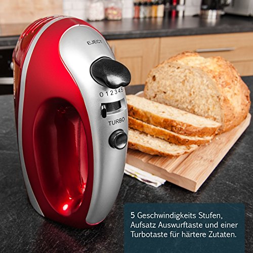 Savisto 300W Elektrisches Handmixer mit Quirl, Knethaken und Schneebesen Aufsatz – 5 Geschwindigkeitsstufen und Turbotaste Handrührgerät – Rot / Grau - 4
