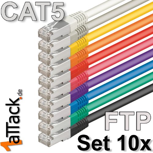 1aTTack CAT5 FTP Netzwerk Patch Kabel mit 2 x RJ45 Stecker Set (10 Farben, 10 Stück) 0,25m - 2
