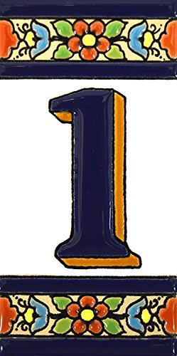 Números casa. Letreros con numeros y letras en azulejo de ceramica policromada, pintados a mano en técnica cuerda seca para placas con nombres, direcciones y señaléctica. Texto personalizable. Diseño FLORES MEDIANO 10,9 cm x 5,4 cm. (NUMERO UNO 
