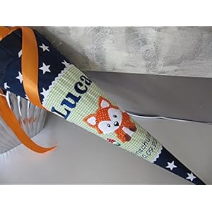 #134 Fuchs grün-blau gesternt Schultüte Stoff + Papprohling + als Kissen verwendbar