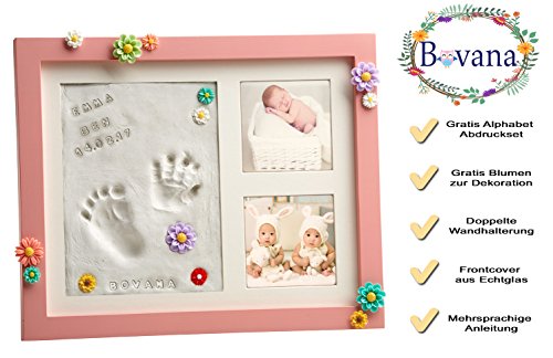 Bovana Baby Bilderrahmen Set aus Holz mit Ton für Fußabdruck, Handabdruck – Abdruck auch für Hundepfoten und Katzenpfoten - 2