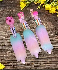 GoMerryKids Set of 3 6-in-1 Retractable Roller Ball Multicolor Feather Fur Pens Beautiful Mermaid Unicorn Pens Gel Pen Set for Girls Kids Return Gift