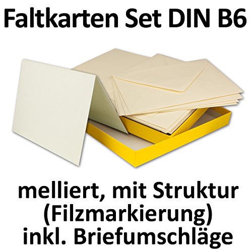 geprägtes Stuktur Faltkarten-Set mit Umschlägen | 50er-Set | Blanko Einladungskarten mit echter Filzmarkierung | Naturweiß mit Melierfasern | cremefarbene Umschläge | bedruckbare Post-Karten in DIN B6 | Faltkarten / Klappkarten | inklusive Geschenkbox! | ideal zum Selbstgestalten & Kreieren