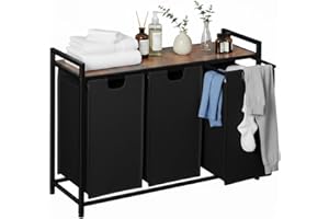 AMHANCIBLE Wäschekorb 3 Fächer, Wäschesammler mit Ablage, Wäschebox, Wäschesack aus Oxford-Gewebe ausziehbar abnehmbar, 38 L x 3, Stahlrahmen und obere Ablage, 92 x 30 x72cm, Rustic Braun EHLS03BR