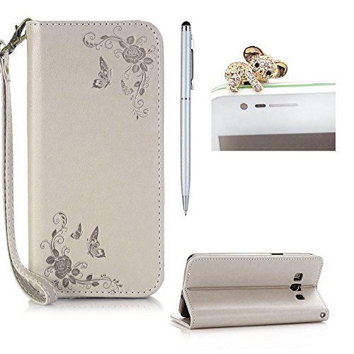 SKYXD Leder Hülle für Samsung Galaxy A5 2015 Rosen Blumen und Schmetterlings Muster,PU Folio Klappbar SchutzHülle [Brieftasche Kartenfach / Magnet / Standfunktion / Trageschlaufe] KlappHülle für mit [Koala Handyanhänger + Eingabestift] 3 in 1 Zubehör Set Handy Tasche Etui for für Samsung Galaxy A5 2015 Bookstyle Flip Case Leather Cover With [Stylus and Dust Plug]- Grau