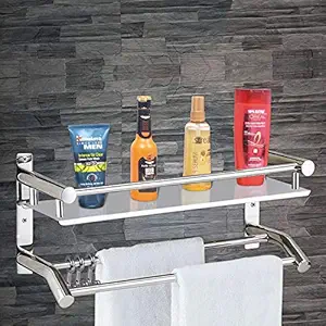 Plantex Stainless Steel Bathroom Shelf/Rack with Towel Holder/Towel Hooks/Bathroom Accessories Wall-Mount (Chrome Finish) (2-Tier)