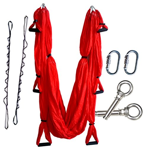 wellsem Juego completo Flying Aerial Yoga Hamaca Yoga Sling de inversión Trapecio para la construcción de cuerpo Ejercicio Fitness con cadena de margarita & carabiners (5 colores elección) Rojo rojo