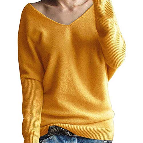 Susenstone Femme Hiver Pull Pas Cher A La Mode Chaud Col V en Tricot Chemises à Manches Longues Sexy Sweater Pullover Blouse (XL, Jaune)