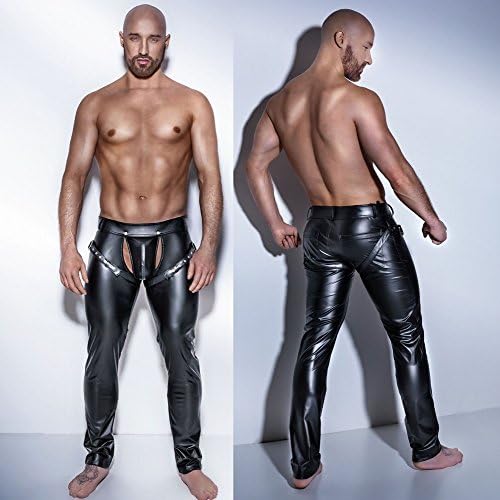 Western Style Men Love Underwear Pants, Nightclub Stage Performance Patent Leather Long Pants,Black,S