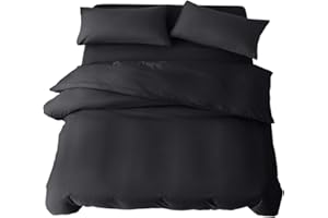 BELDORA Double Duvet Set 4 Piece Double Bedding Set with Fitted Sheet and Pillowcases Soft Brushed Microfibre Breathable Duvet Cover Sets (Black)