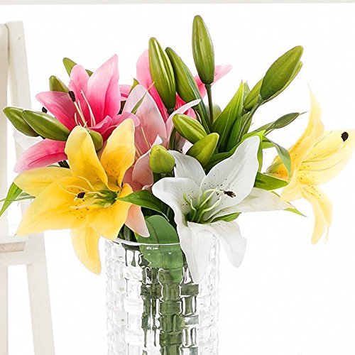 Weiße Lilie Bush künstliche Blume, NNIUK Lily Real Touch Parfüm-Lilien-Blumen-Blumenstrauß-Hochzeit/Graves/Vasen (5 Stück) - 7