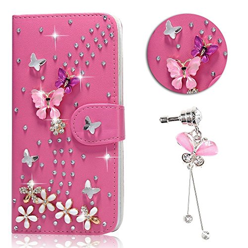 Galaxy S3 Neo Handytasche Samsung S3 H  lle Sunroyal Elegant Luxus Noble Wei   Rose Rot Schmetterling Bling Diamant Glitzer Rhinestone Muster Entwurf 