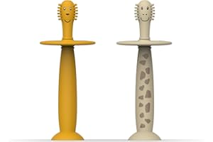 Matchstick Monkey Training Toothbrush with Stopper, for Independent Brushing, Easy to Grip Soft Silicone Handle, Antimicrobial Protection, 3 Months +, Lion & Giraffe