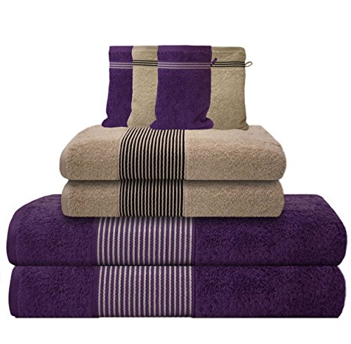 Liness-Stripes 10 tlg Frottier Handtuch-Set 4 Handtücher 50x100 cm 2 Duschtücher Badetücher 70x140 cm 4 Waschhandschuhe Waschlappen 16x21 cm 100% Baumwolle beige-creme
