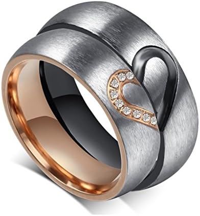 Unisex's Ring Stainless Steel Half Heart of Love Puzzle CZ Design Rose Gold Black for His&Her