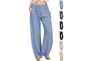 CheChury Pantalones Mujer Casuales de Lino de Algodón Cintura Alta Elasticos Largas Pantalón Deporte Elástica Pantalones Verano Causal Flojo Largos Playa con Bolsillos y Pantalones de Cómodos