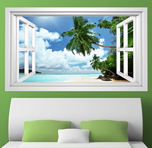 3D Wandmotiv Strand Palme Sand Urlaub Meer Fenster Wandbild Wandsticker Wandtattoo Wohnzimmer Wand Aufkleber 11E396, Wandbild Größe E:98cmx58cm