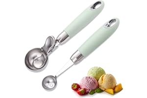 BNGXR Cuillère à Glace Avec éjecteur, 2 Pièces Cuillere a Glace En Acier Inoxydable Poli Boules Cuillère de Melon Cuillère à Crème Glacée avec Déclencheur Pratique Boules de glace Pour Glacée Melon