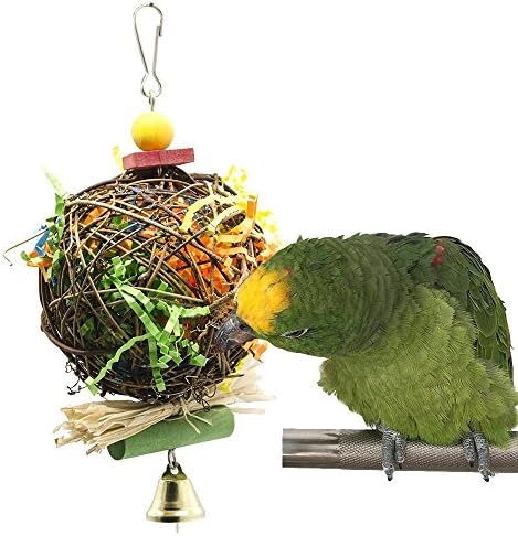 Parrot Chewing Toy for Small Medium Birds by SAHNTU Natural Hand-made Chewing Hanging Toy, Rattan Ball Cage Toy Preening Toy for Bird Parrot African Budgie Macaw Parakeet Cockatiel Lovebird Cage Toy