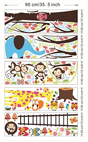 Colorfulworld ® Großer Baum with Jungle Zoo &Giraffe Monkey Elephant Bird Wall Stickers Decal Paper for Children Room Gift (1213) - 4