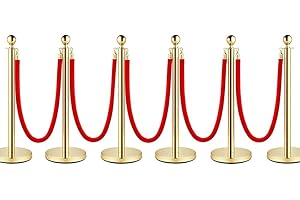 YUFANKAI Crowd Control Stanchion, Set with 5 ft/1.5 m Red Velvet Rope, Stanchion Rope Divider, Gold Queue Barrier Line Divider with Fillable Plastic Base, Airport(6)
