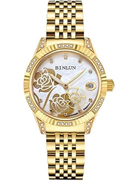 binlun Gold Damen Automatik Uhren Rose zweite Hand Diamant Wasserdicht Armbanduhr für Frauen mit Mother of Pearl...