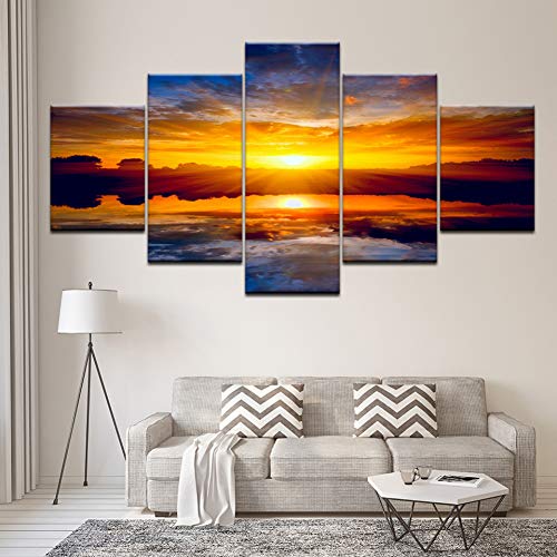 EXQART Peinture sur Toile Paysage Marin Coucher de Soleil en mer océan 5 pièces Wall Art Peinture modulaire Fonds d'écran Affiche Imprimer Salon décoration 40x60cmx2 40x80cmx2 40x100cm