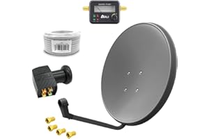 60 cm HD Sat Anlage Quad LNB + 15 m Koaxialkabel 135 dB + Satfinder + 4 F-Stecker Digital 4 Teilnehmer Antenne Grau UHD 4K