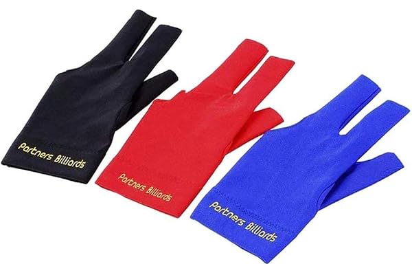 POFET Set med 4 elastiska Lycra biljardsvanshandskar för vänster hand med 3 fingrar för skyttar, carom, pool, snooker och sportsvans (röd, blå, svart