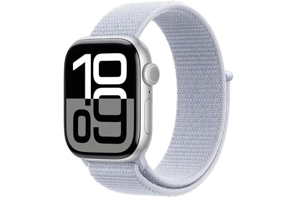 Apple Watch Series 10 (42 mm GPS + Cellular) Montre connectée avec Boîtier en Aluminium Argent et Bouchle Sport nuée Bleue. Suivi de l’activité Physique, app ECG, Neutre en Carbone