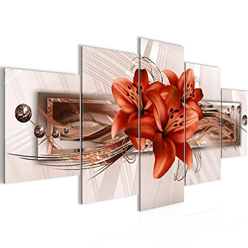 Bilder Blumen Lilien Wandbild 200 x 100 cm Vlies - Leinwand Bild XXL Format Wandbilder Wohnzimmer Wohnung Deko Kunstdrucke Braun 5 Teilig -100% MADE IN GERMANY - Fertig zum Aufhängen 008751b