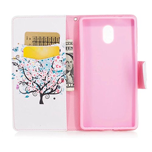 LEMORRY Nokia 3 Hülle Tasche Ledertasche Flip Beutel Haut Slim Bumper Schutz Magnetisch Soft SchutzHülle Weich Silikon Cover Handhülle Schale für Nokia 3, Kunstbaum - 2