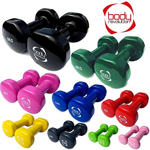 Body Revolution - Par de mancuernas de vinilo para gimnasio en casa, Crossfit, Pilates, tonificación y Fitness (0,5 – 5 kg), 2 x 1kg
