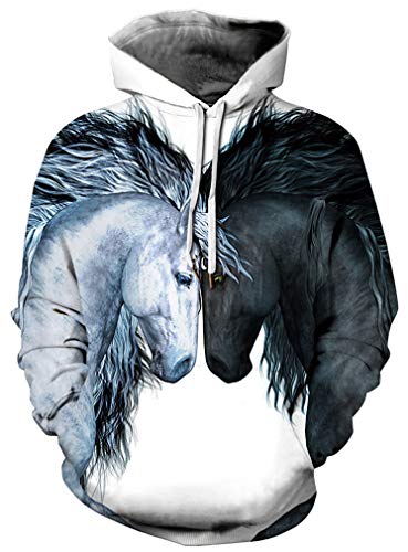 Ocean Plus Hombre Sudaderas con Capucha 3D con Estampado de Lobo León Sudadera de Fantasía (S/M (Cofre: 112-132 CM), Caballos Blancos Negros)