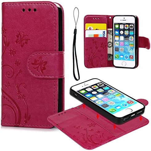 Pincenti iPhone 5 5S SE Case, iPhone 5 5S SE Wallet Case Embossed Butterfly PU Leather Flip Case Cover Detachable Magnetic Wallet with Card Slots and Wrist Strap for iPhone 5 5S SE Blue (Hot Pink)
