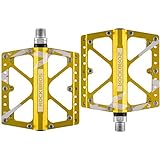 RockBros, pedali da bicicletta piatti da MTB/BMX/downhill, 3&nbsp;cuscinetti integrati, superficie grande e ampia, 1,4 cm, gold