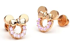 FINDOUT Kaguyo silver earrings for women, Mickey Mouse Earrings, Gold Plated Sterling Silver Amethyst clear Pink blue Zirconia Minne Mouse Stud Earrings For Women Girls birthday Gift