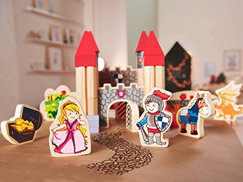 HOLZ BAUSTEINE Bausatz BURG mit Figuren Kinder Holzspielzeug Prinzessin Ritter König Drachen Spielburg yx 33 1682 - 2
