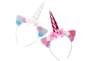 SHAO HUA 2 Pack Unicorn Bandeaux, Serre-Tête Licorne Avec Fleurs(Rose/Blanche), Bandeau De Corne De Licorne, Serre-Tête Licorne pour Adulte Enfant, utilisés pour Pâques, Anniversaires, fêtes, etc