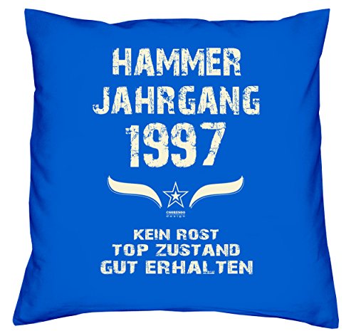 Geschenk 20. Geburtstag :-: Geschenk Idee Geburtstags Deko-Kissen Sofakissen Dekokissen Jahreszahl Aufdruck :-: Hammer Jahrgang 1997 :-: Größe: 40x40cm & Geburtstags-Urkunde Farbe: royal-blau - 5