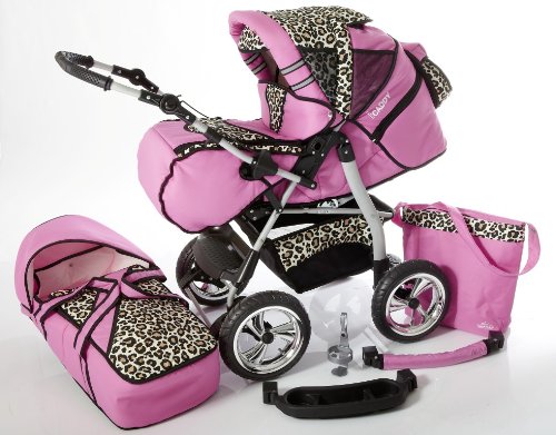 Chilly Kids iCaddy Pram & Pushchair (raincover, mosquito net, beverage tray, changing pad) 15 Pink & Leopard