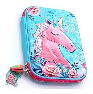 VIKAS GIFT GALLERY Premium Stylish Unicorn Owl Print Large Capacity Hardtop Eva Pencil Case Organizer School Kids Girls Multipurpose (Unicorn Blue)