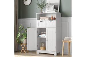 HOCSOK Szafka łazienkowa z 2 szufladami i 2 drzwiami, szafka do przechowywania z regulowanymi półkami, do łazienki, salonu, sypialni, biała